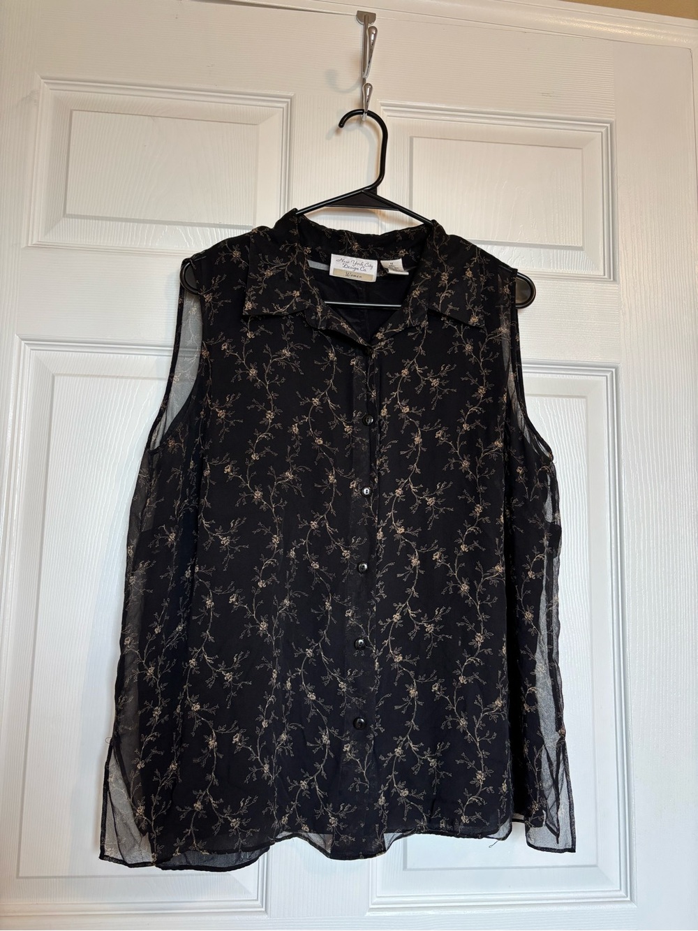 Sleeveless Black Floral Sheer Button-Front Top